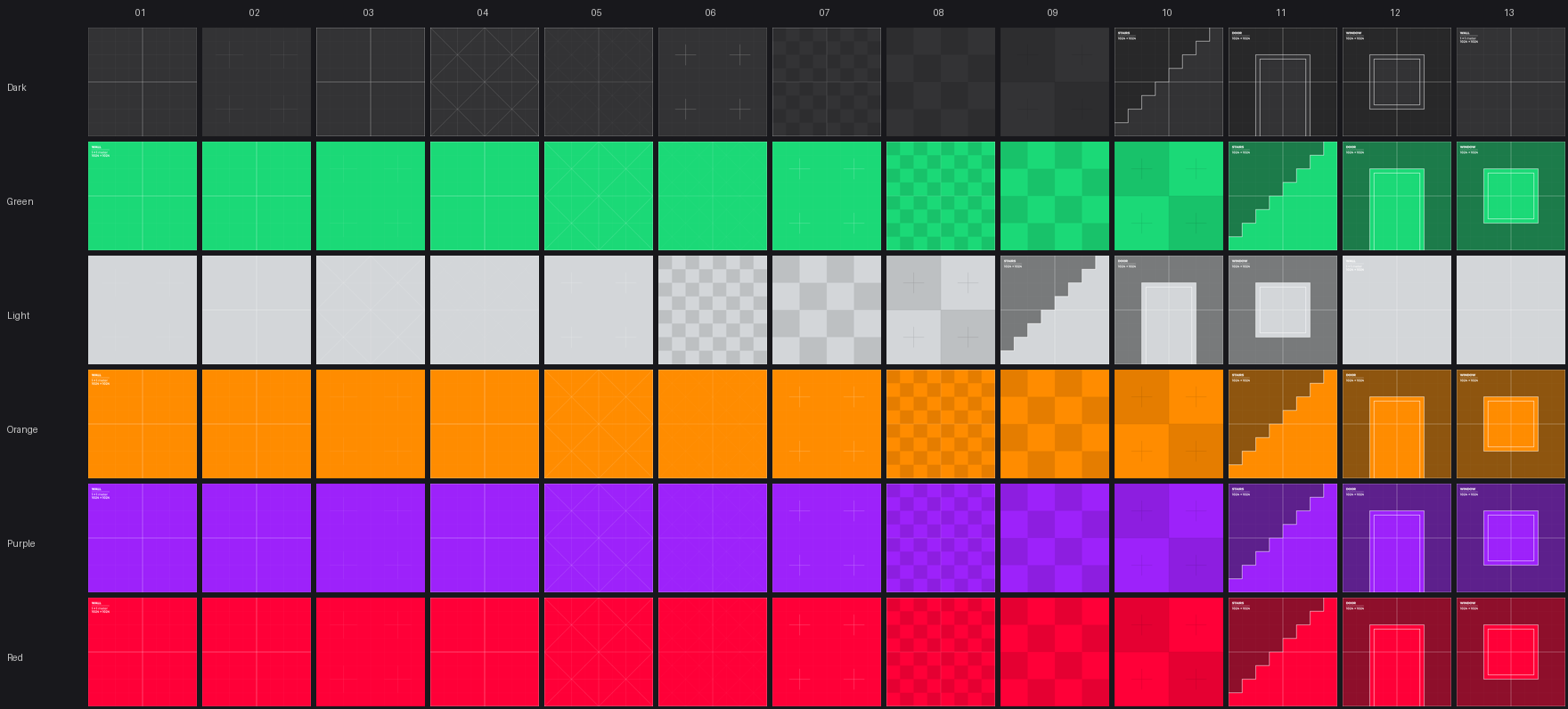 The prototype textures, by colour and index
